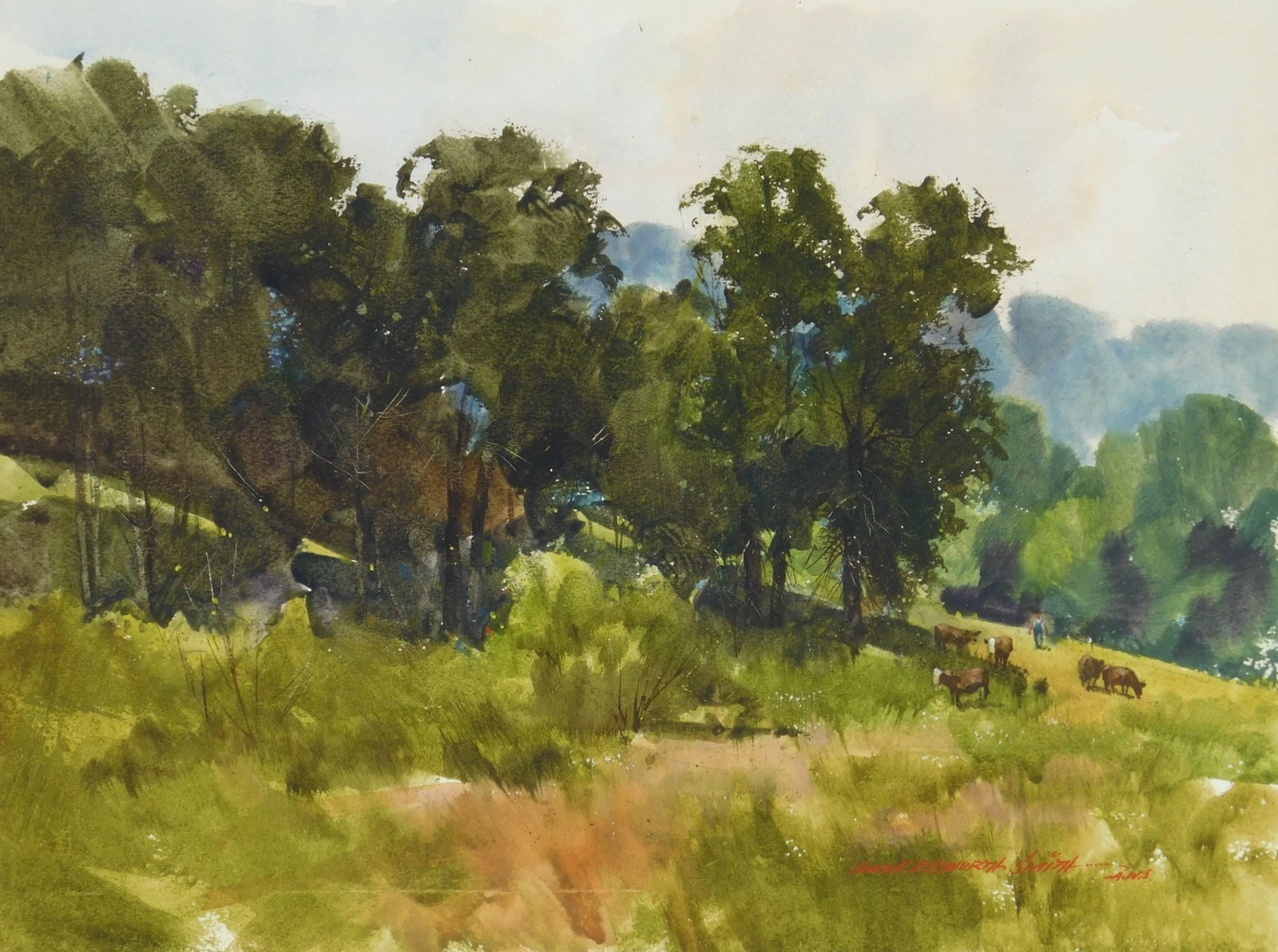 Lowell Ellsworth Smith (American, 1924-2008) watercolor: Summer Landscape with Cows watercolor on paper, signed Lowell Ellsworth Smith A W.S. lower right, matted and framed. 9 1/2 x 13" Proceeds from this sale will benefit the Hudson Society of A