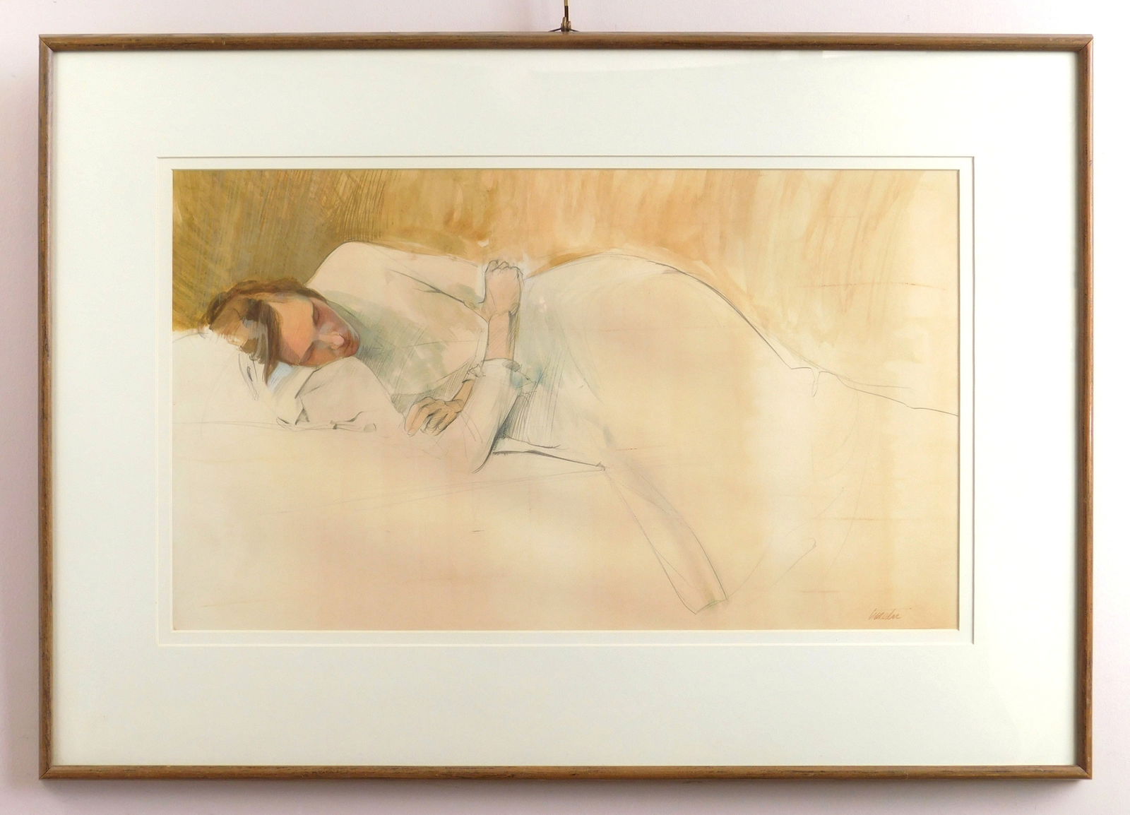Richard Treaster (American, 1932-2002) watercolor: Marian Sleeping tempera, watercolor and pencil on paper, 1975, signed Treaster lower right. 16 3/4 x 28 1/2" Provenance: Private collection- Gates Mills, OH *** PLEASE READ: