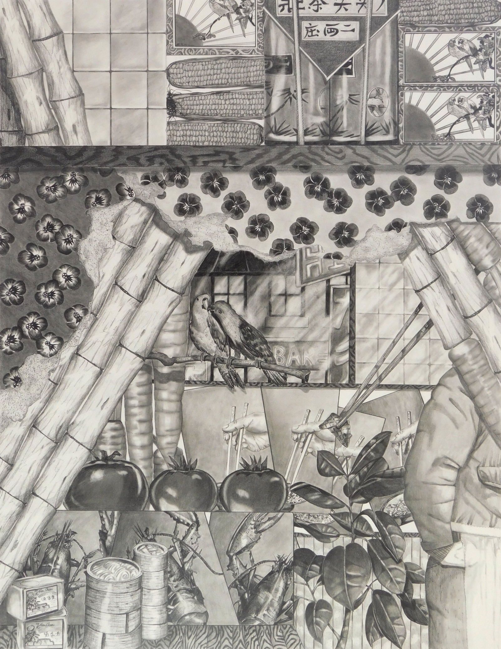 Judith Pittenger-Meyer (American, 1949- ) graphite: Shanghai Cafe graphite on paper, 1977, signed J. Pittenger 77 lower right and titled in pencil. 26 1/2 x 20 3/8" Provenance: Private collection- Brimfield, OH *** PLEASE READ: IMPORTAN