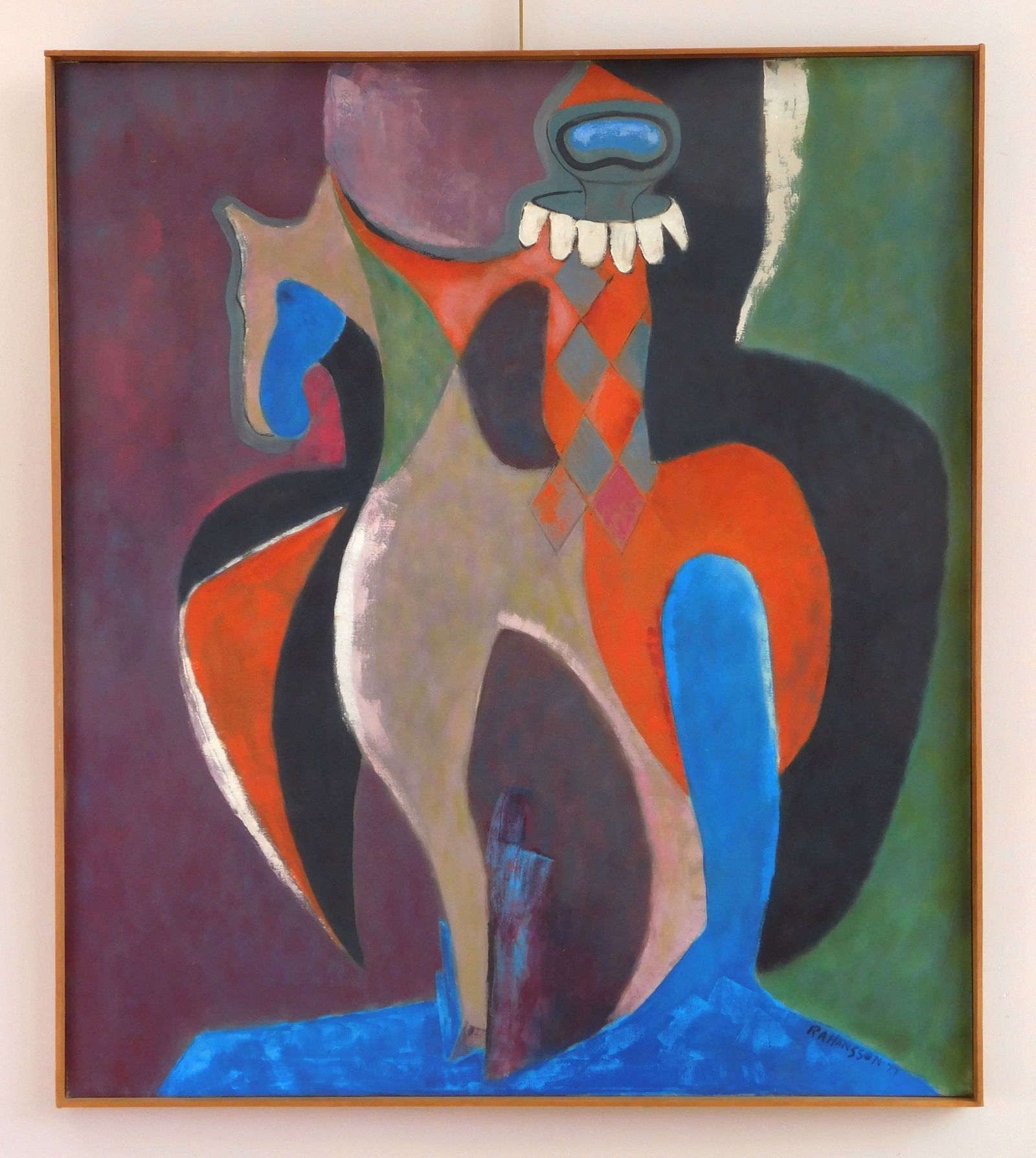 Robert Arthur Hanssen (American, 1923- ?) oil: Harlequin on a Horse oil on canvas, 1977, signed R. A. Hanssen '77 lower right. 42 x 36'' Provenance: Private collection- Ashtabula, OH *** PLEASE READ: IMPORTA