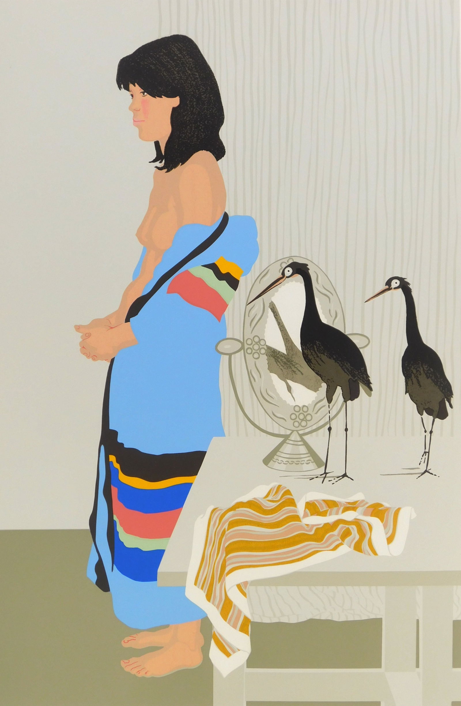 Phyllis Sloane (American 1921-2009) silkscreen: Jeanetta with Birds silkscreen in colors, 1978, signed, titled, dated, numbered 5/75 and inscribed to Ann and Bob in pencil. 28 1/2 x 19" Provenance: Private collection- Gate