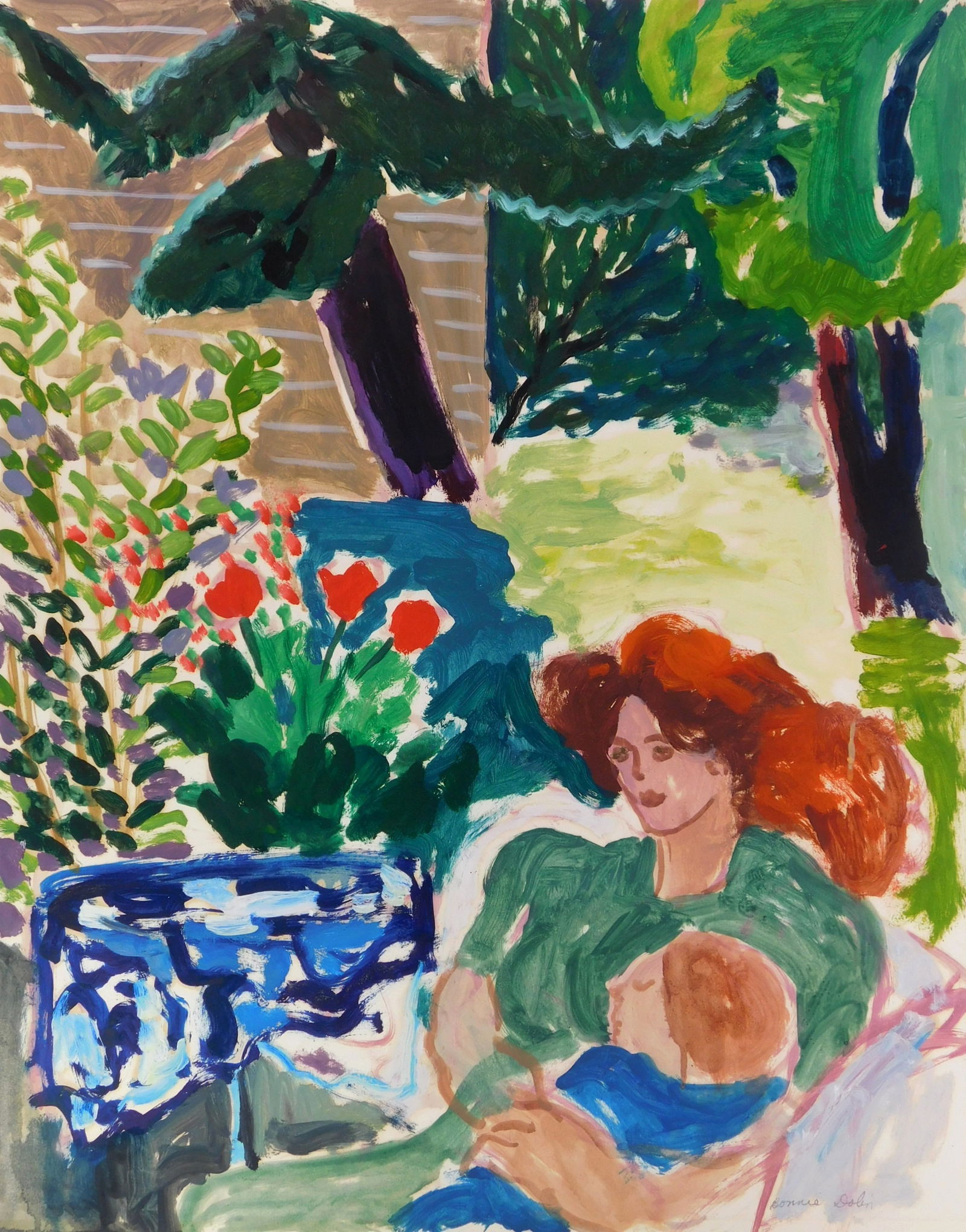 Bonnie Dolin (American, 1938- ) mixed media: In The Garden oil on paper, signed Bonnie Dolin lower right. 28 x 22 1/2" Provenance: Private collection- Beachwood, OH *** PLEASE READ: IMPORTANT NOTE About S&H ***