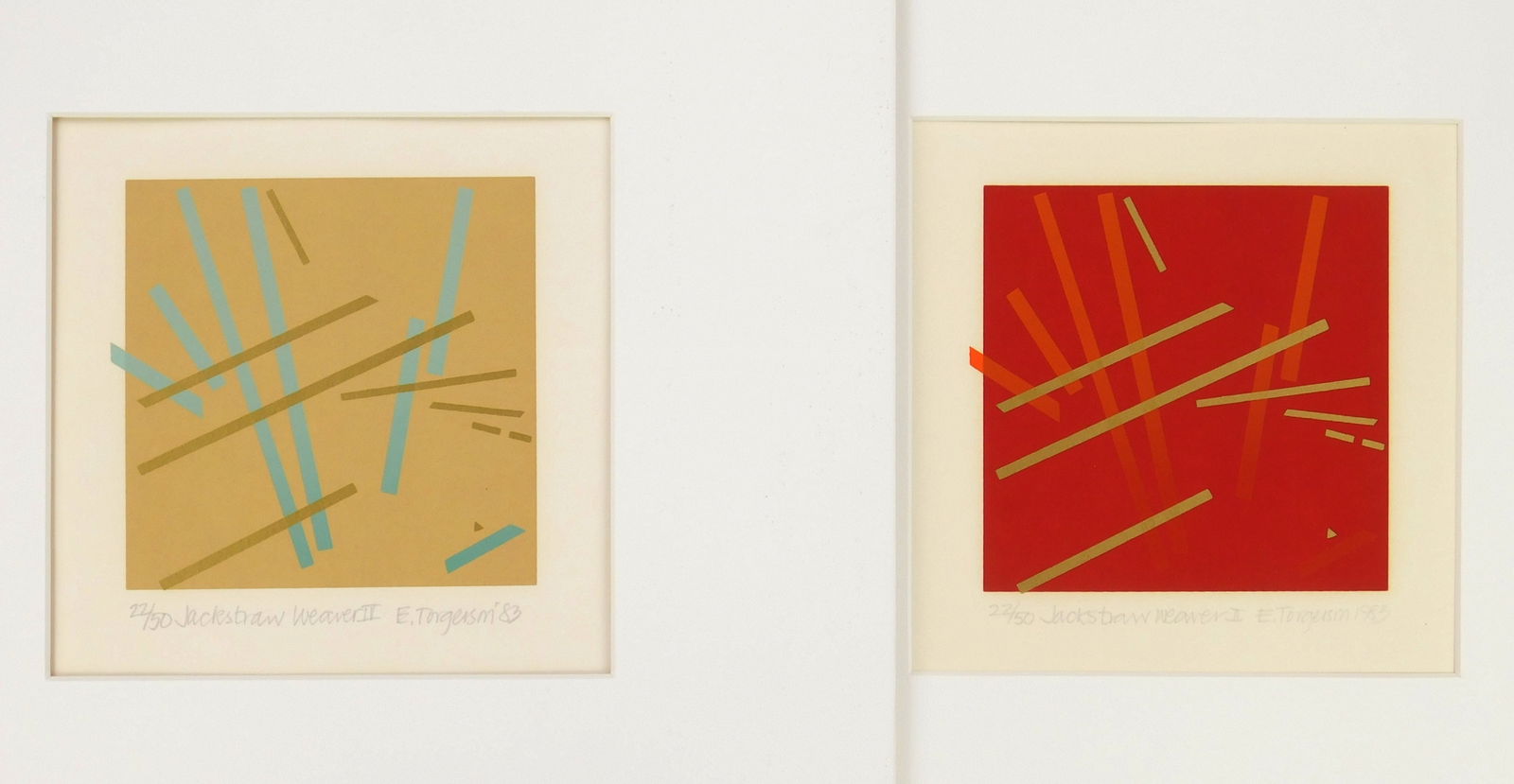 2 Eugenie Torgerson (American, 20th c.) silkscreens: Jackstraw Weaver II & Jackstraw IV 2 silkscreens in colors, 1983, both signed, dated, titled and numbered 22/50 in pencil. 5 x 5 1/8" Provenance: Private collection- Bri