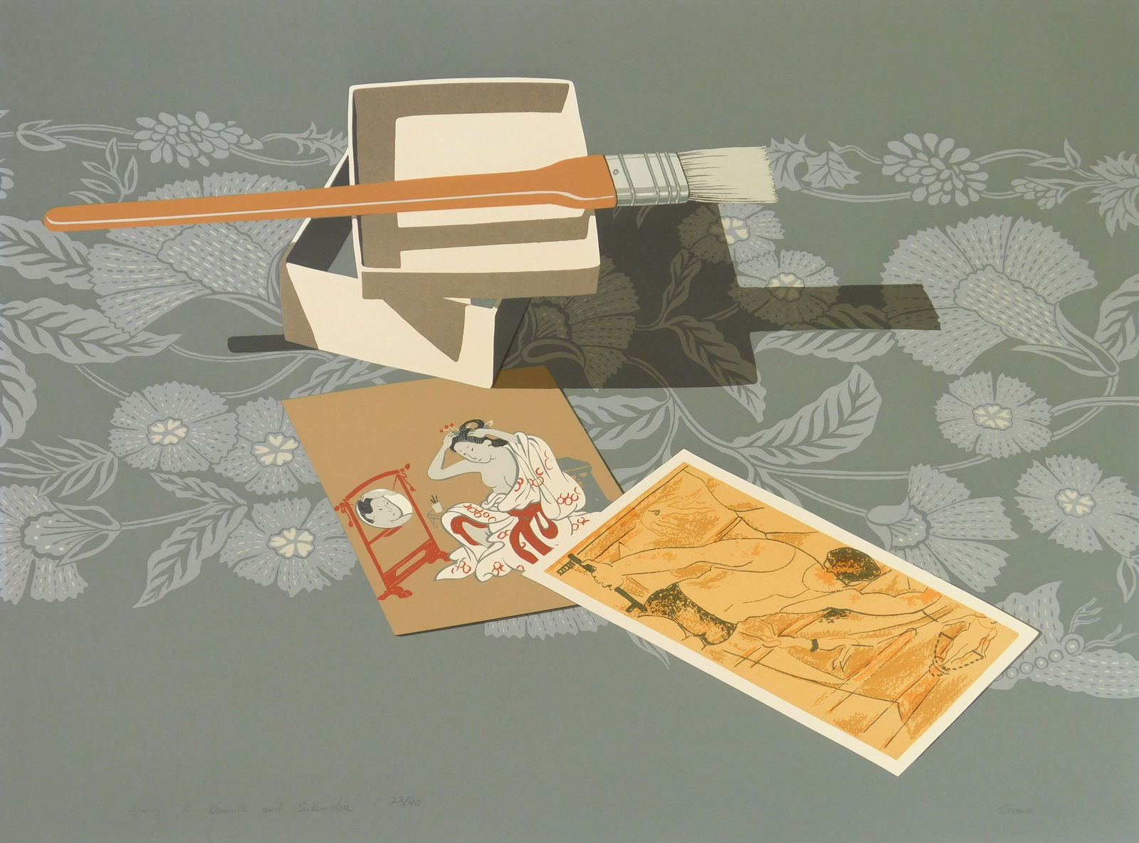 Phyllis Sloane (American, 1921-2009) silkscreen: Homage to Demuth and Sukenobu silkscreen in colors, 1983, signed, dated, titled and numbered 22/400 in pencil. 18 1/2 x 30 3/4" Provenance: Private collection- Brimfield, OH ***