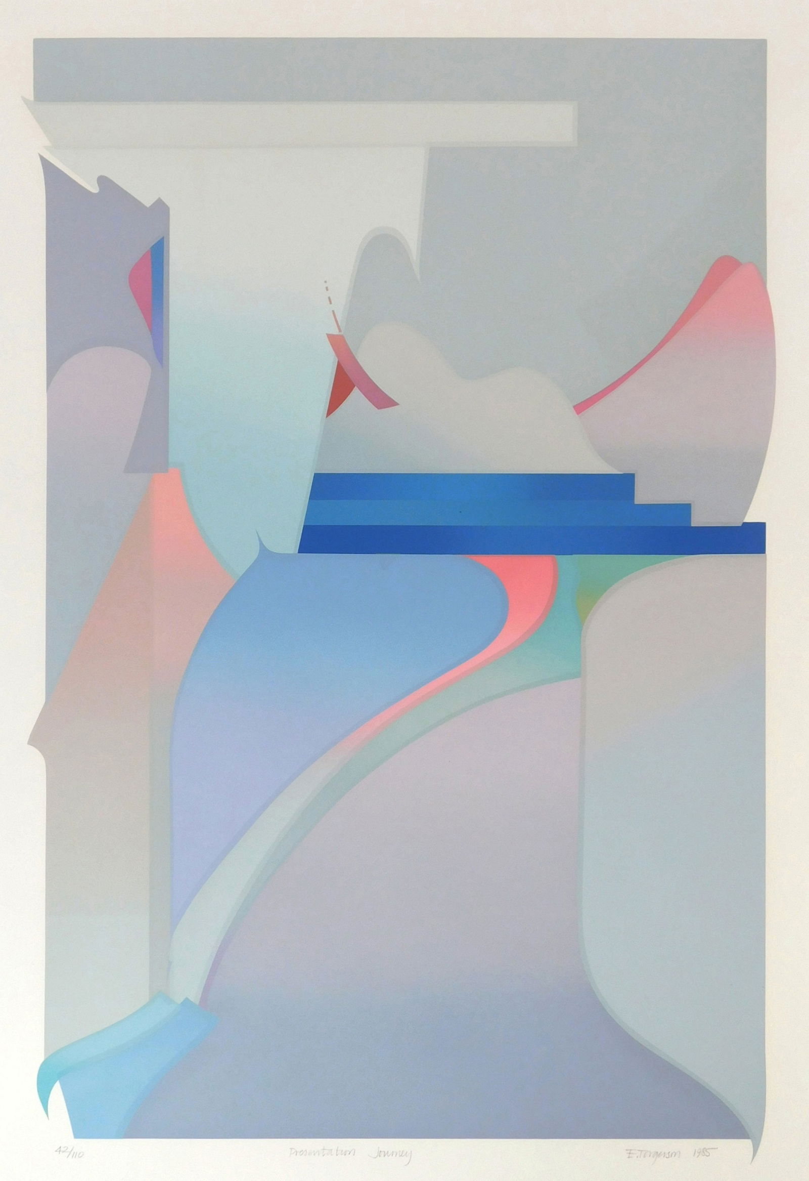 Eugenie Torgerson (American, 20th c.) silkscreen: Presentation Journey silkscreen in colors, 1985, signed, dated, titled and numbered 42/110 in pencil. 30 1/2 x 20 1/4" Provenance: Private collection- Brimfield, OH *** PLEASE RE