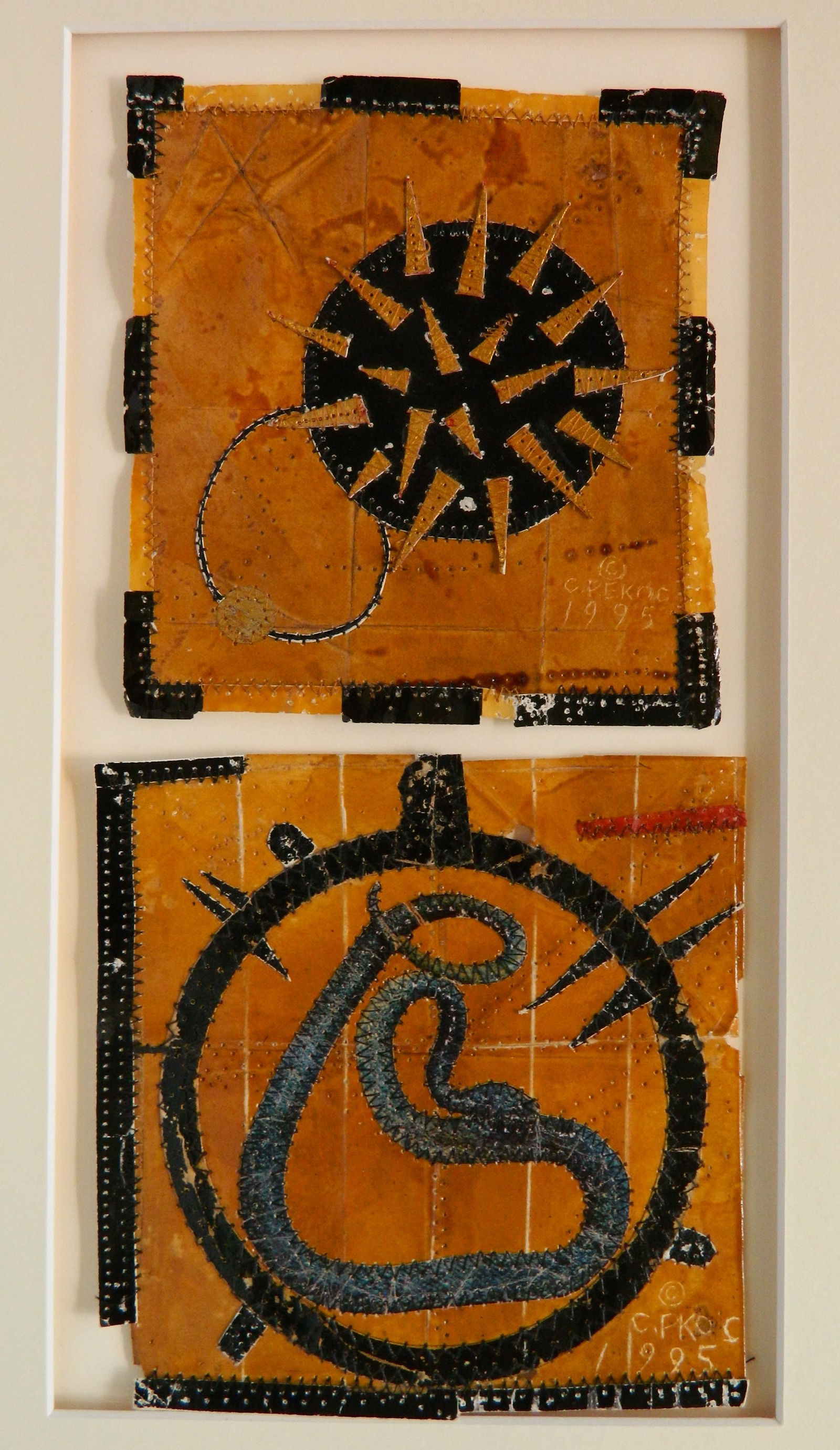 Christopher Pekoc (American, 1941- ) machine sewn mixed media: Circle, Snake and Sphere machine sewn mixed media (diptych), 1995, both panels signed C. Pekoc / 1995 lower right. 11 1/2 x 5 3/4'' Exhibited: Christopher Pekoc / Night Visions 1975-2000,