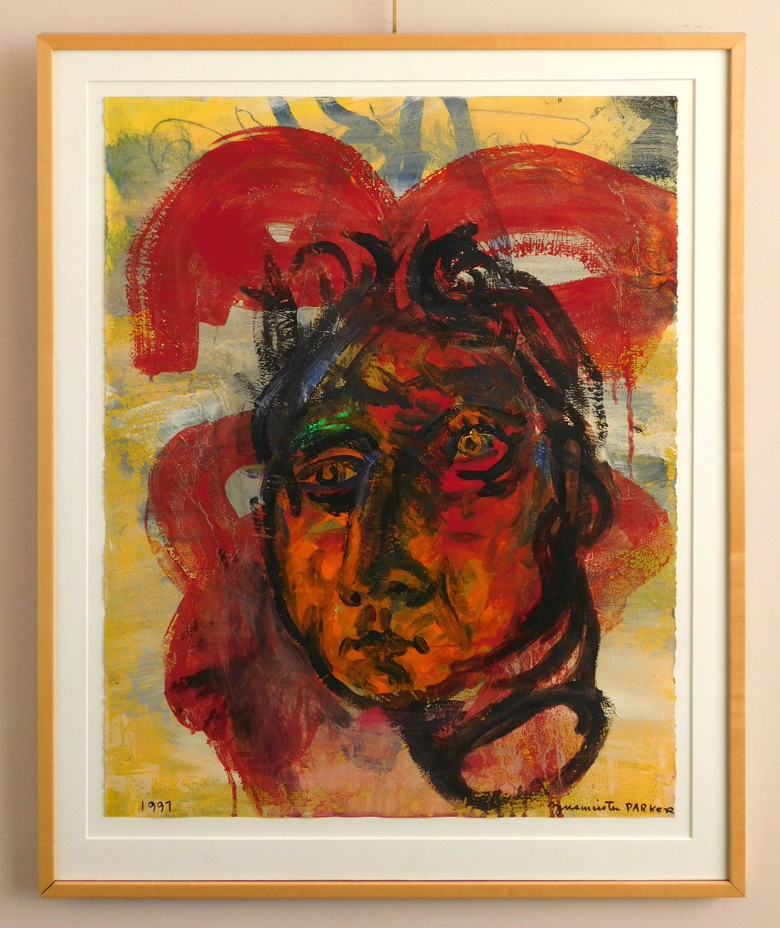 Patricia Zinmeister-Parker (American, 1934-2024)) mixed media: Self-Portrait #5 mixed media on paper, 1997, signed Zinmesiter-Parker lower right and dated lower left, framed. 30 x 22" Provenance: Private collection- Cleveland, OH *** PLEASE