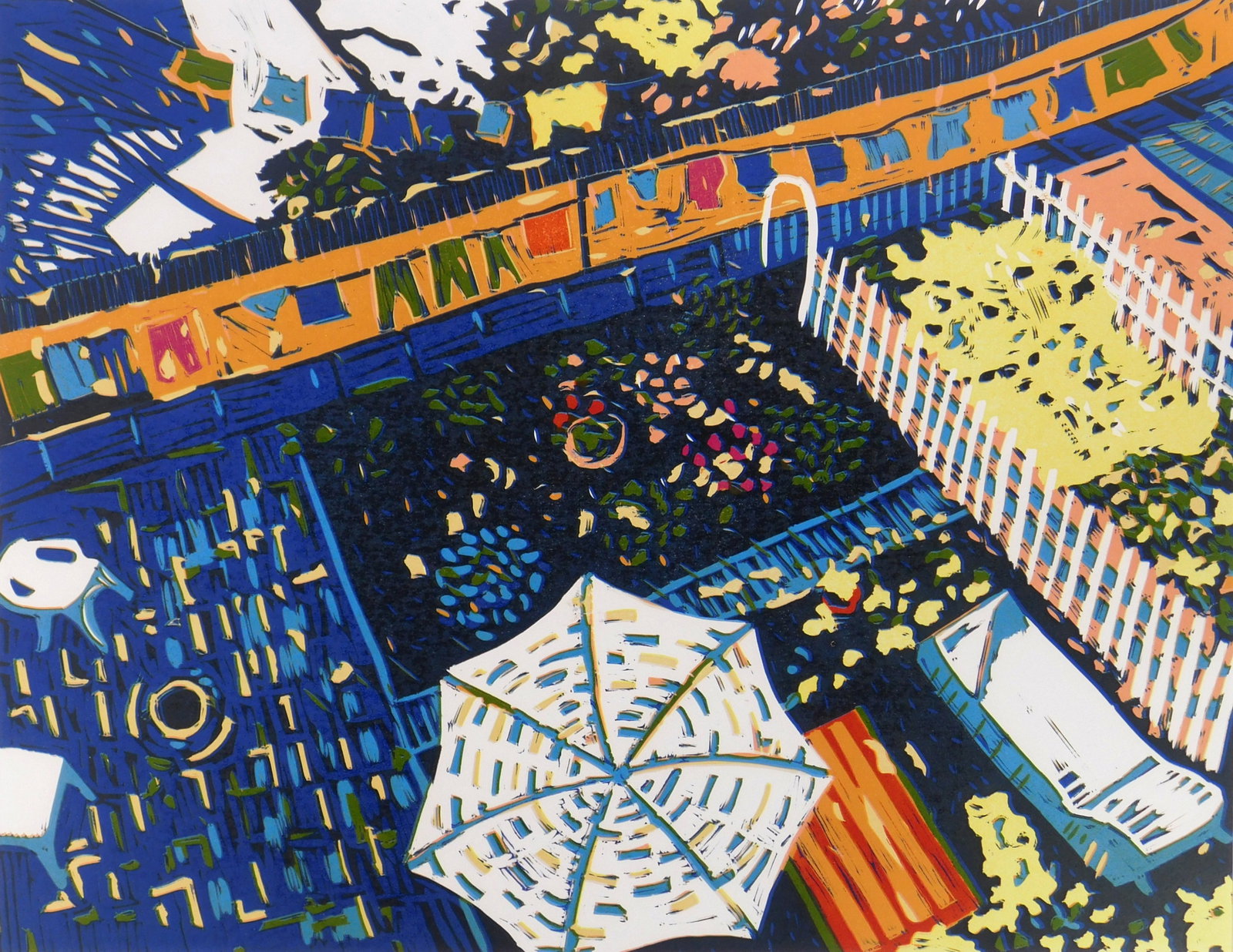 Gloria Plevin (American, 1934- ) linocut reduction: Chicago Backyards linocut reduction in colors, 2001, edition of 15, printed by Zygote Press, Cleveland, OH 17 7/8 x 23" Provenance: Private collection- Oberlin, OH *** PLEASE REA