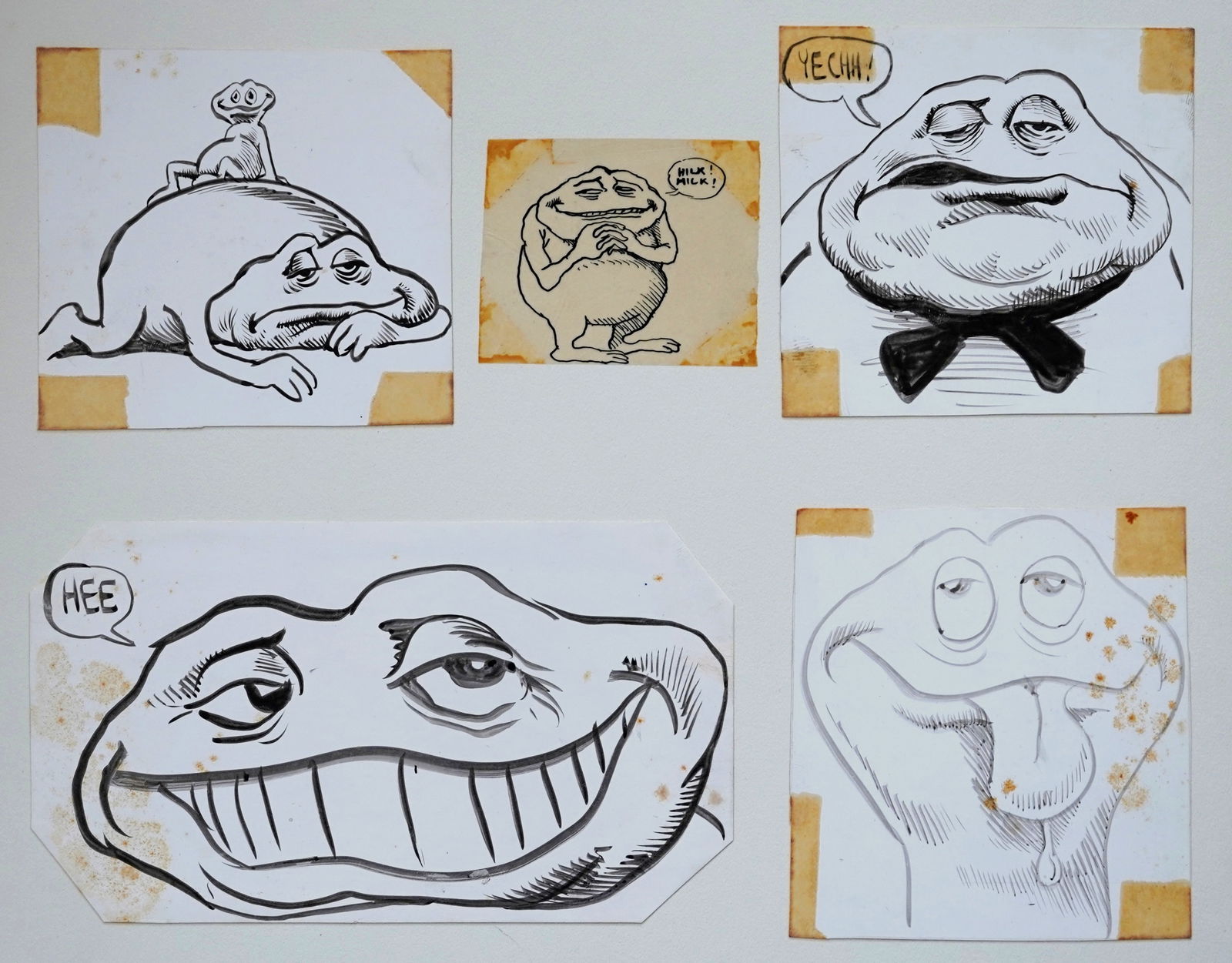 Robert Crumb (American, 1943- ) pen and ink: Variations on a Theme 5 pen and ink on acetate mounted to a support board, ca. 1962-63. 10 x 12" (support sheet) Early on Crumb used a frog face as his signature, known as Ogden&