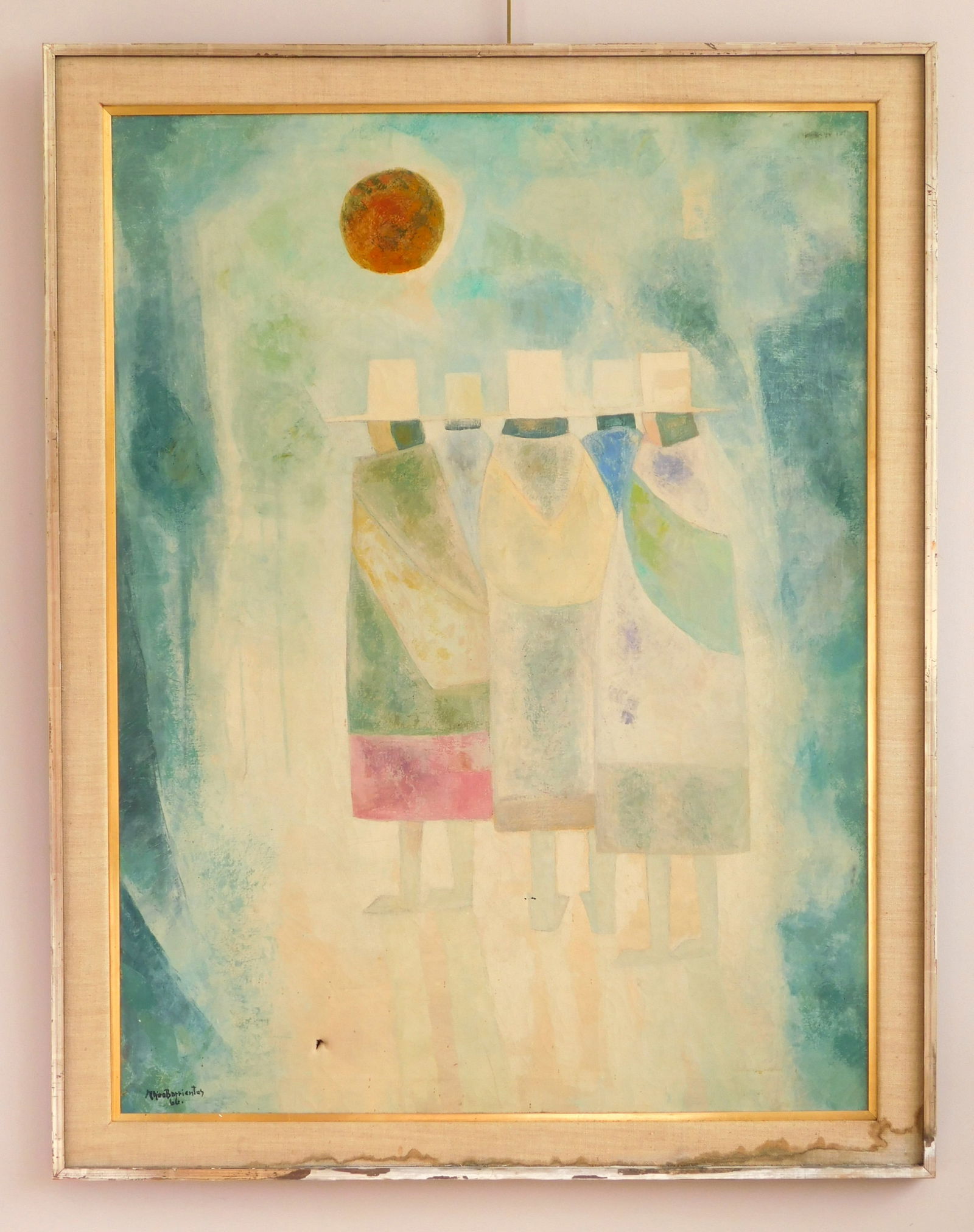 Mhire Barrientos (Bolivian, 20th c.) oil: Hijas del Sol oil on canvas, 1966, signed Mhire Barrientos 66 lower left. 40 x 30" Provenance: Private collection- Cleveland, OH *** PLEASE READ: IMPORTANT NOTE About S&H ***
