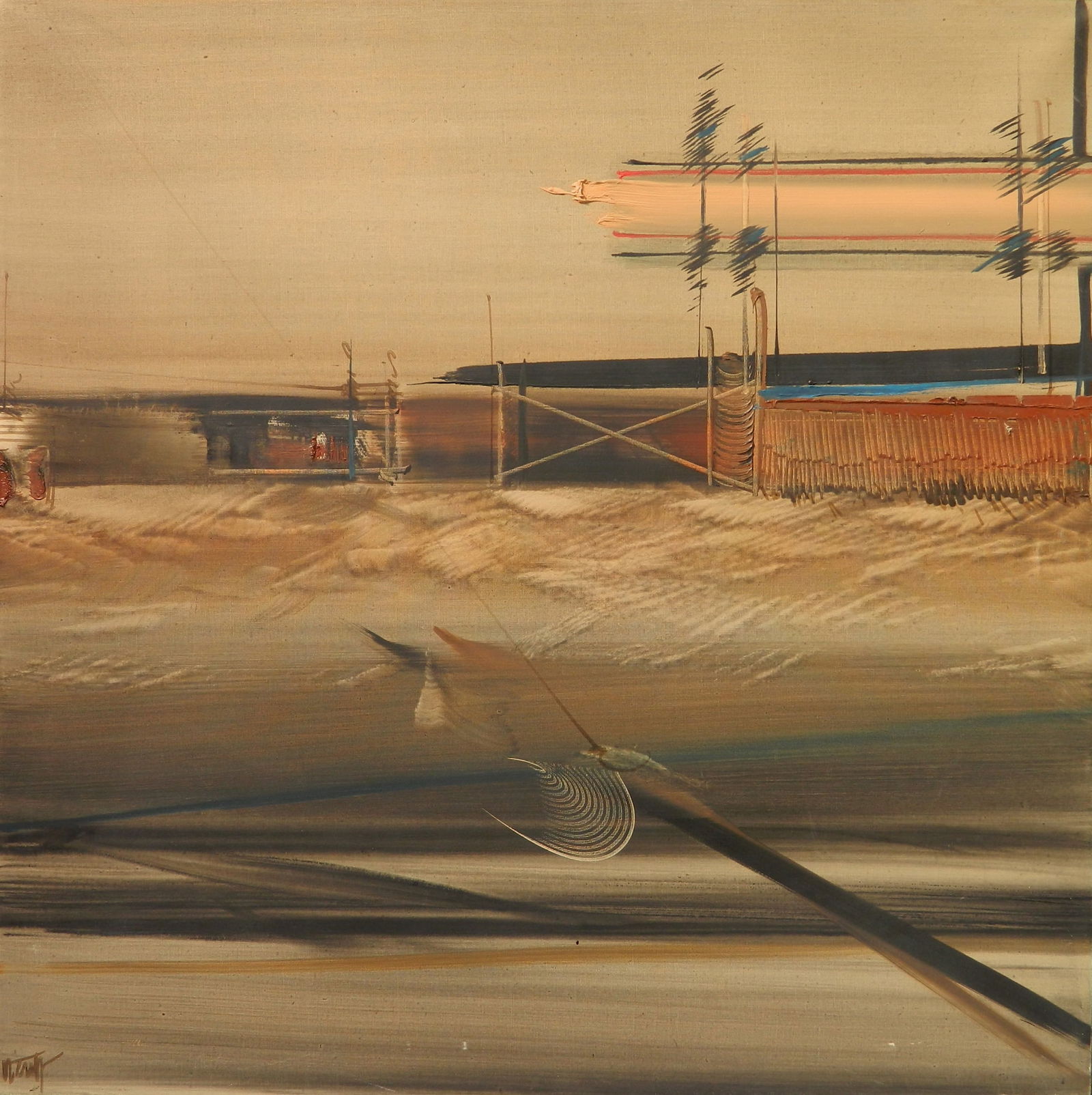 20th c. American School oil: Untitled oil on canvas, signed (illegibly) lower left, framed. 30 x 30'' Housed in a Kulicke frame. Provenance: Private collection- Cleveland, OH *** PLEASE READ: IMPORTANT