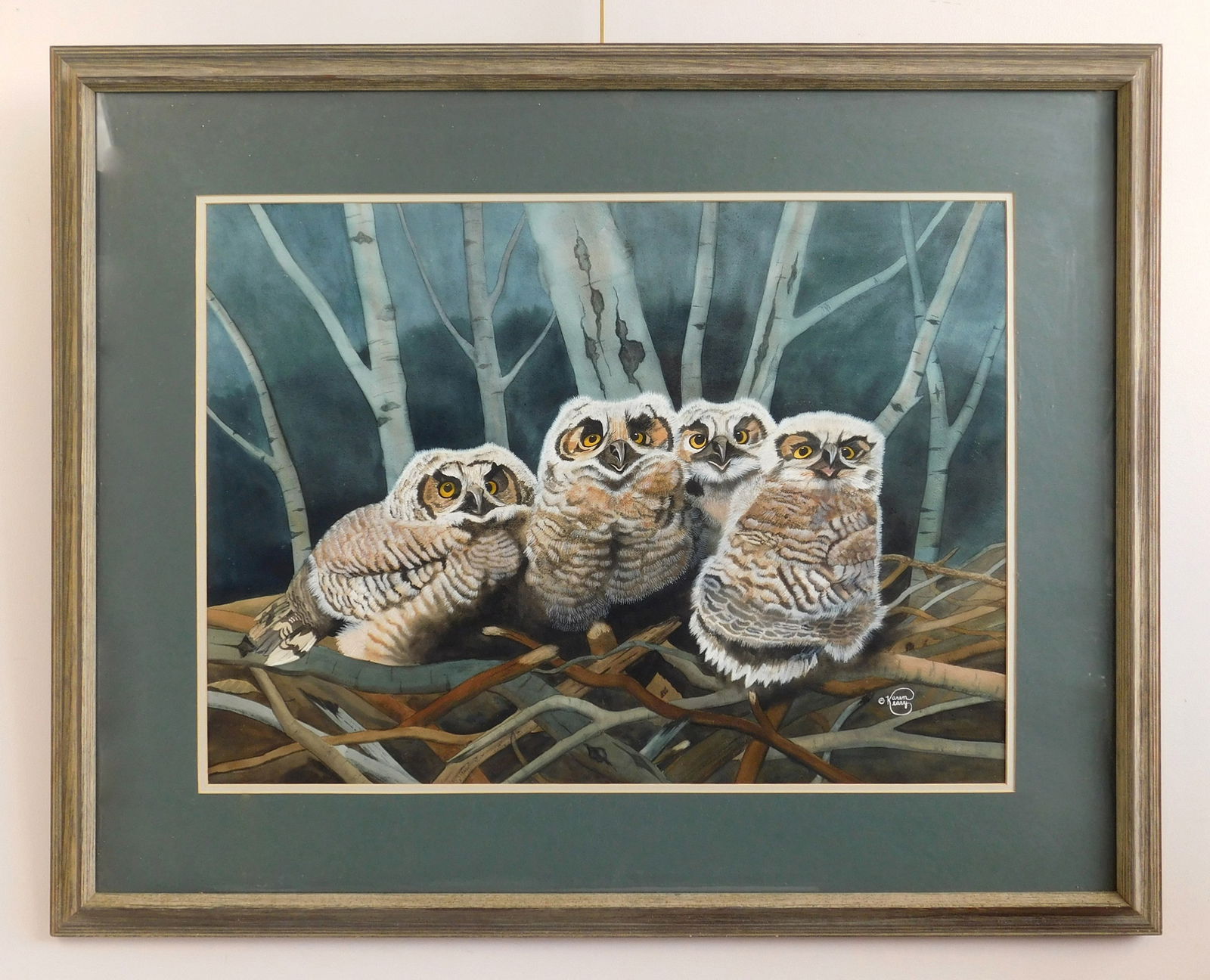 Karen Keary (American, 20th c.) watercolor: Four Owlets watercolor on paper, signed Karen Keary lower right, matted and framed. 21 1/2 x 29" Provenance: Private collection- Brimfield, OH *** PLEASE READ: IMPORTANT NOTE Abo