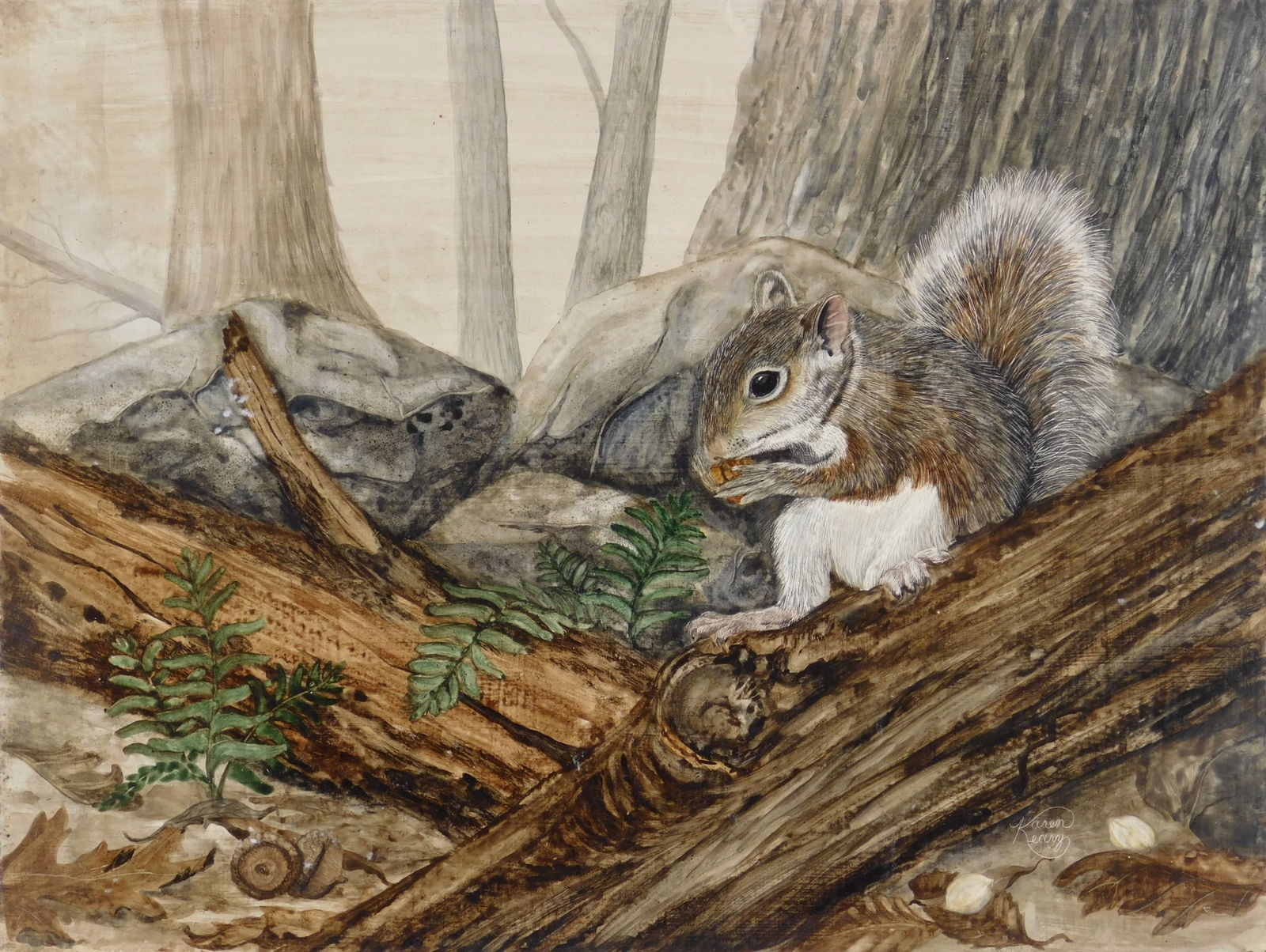 Karen Keary (American, 20th c.) oil: Squirreloil on board, signed Karen Kearey lower right. 13 1/2 x 17 7/8"Provenance: Private collection- Brimfield, OH *** PLEASE READ: IMPORTANT NOTE About S&H ***S&H of this auction