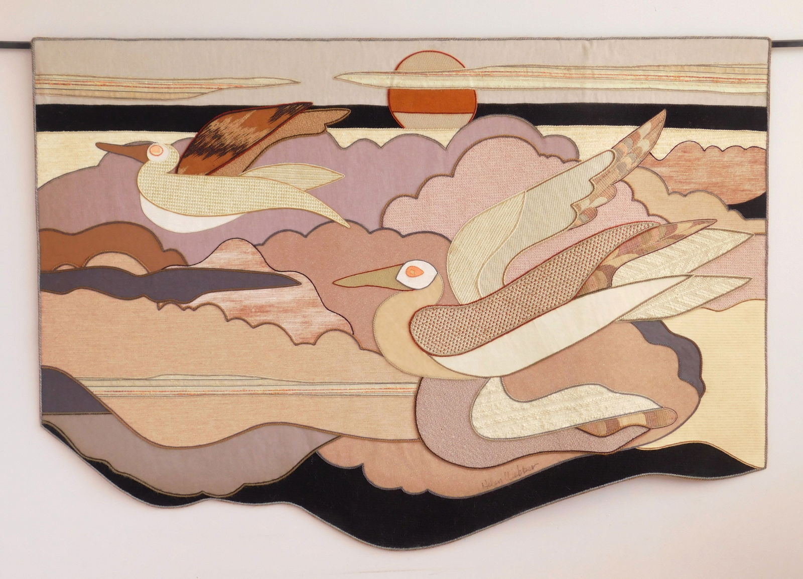 Helen Webber (American, 1915-2005).) mixed media textile: Pelicans textile wall hanging, 1981, signed Hellen Webber lower right, dated and numbered 38 of 100 verso. 40 1/2 x 59" Provenance: Private collection- Pepper Pike, OH *** PLEASE