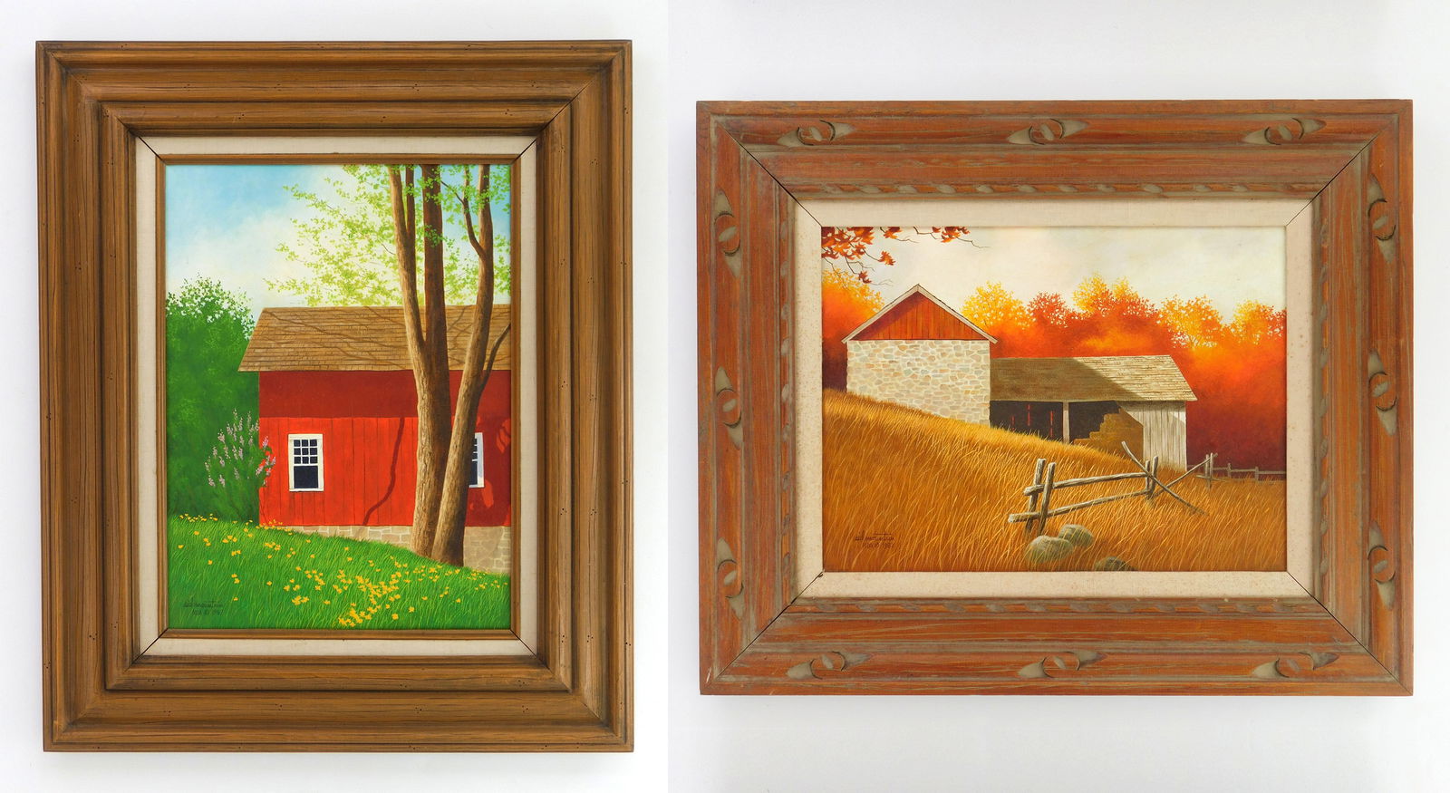 2 Sid Mountain (American, 20th c.) oils: October & Ohio Spring 2 oils on canvas, 1987, both signed and dated Sid Mountain 1987 lower left and titled verso, framed. 16 x 12" Provenance: Private collection- Brimfield,