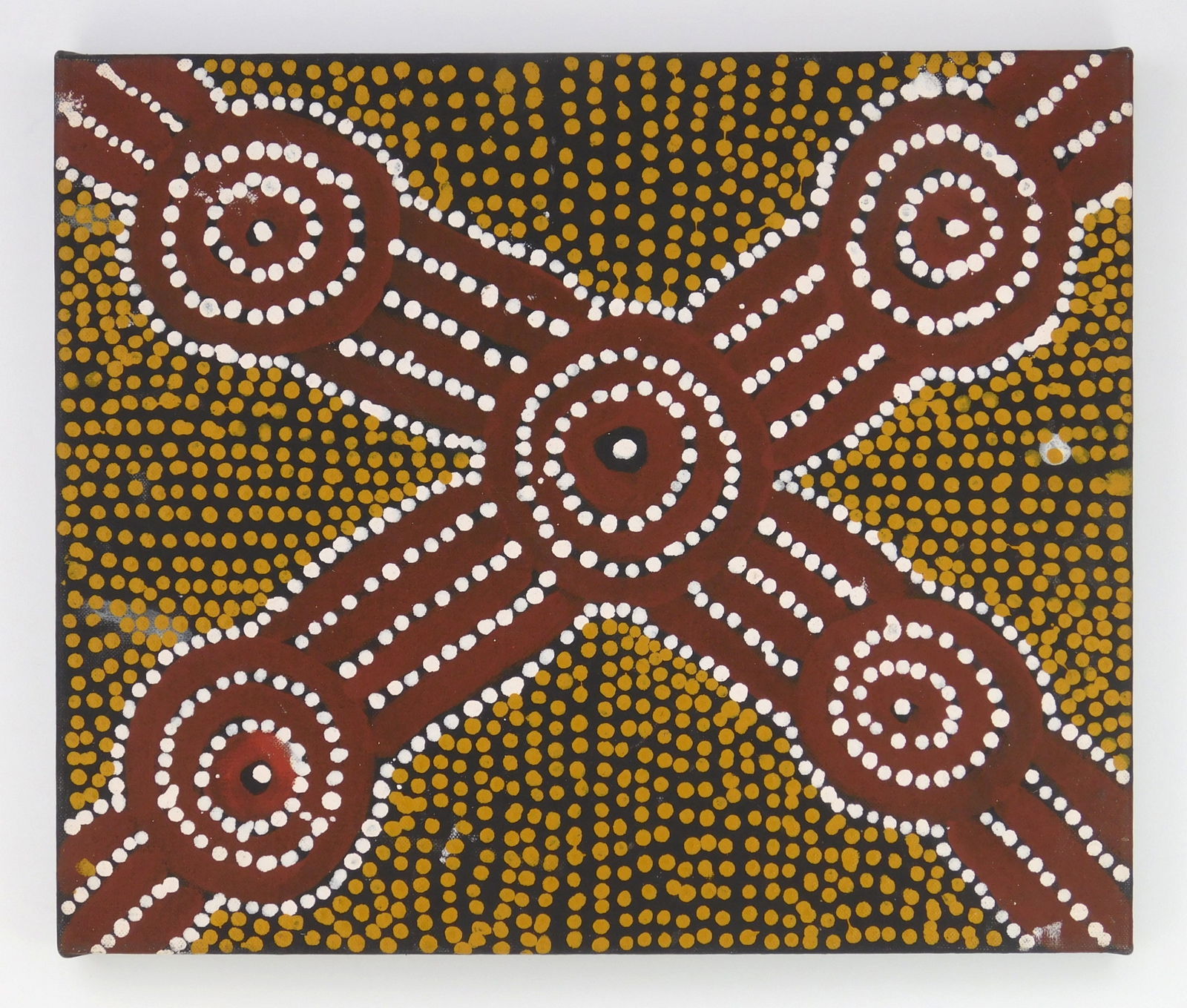 Barney Daniels Tjungurrayi (Aboriginal, 1950's- 1998) acrylic: Rockhole Dreamingacrylic on canvas, 1994, signed on verso. 15 x 18"Provenance: Private collection- Kirtland OH *** PLEASE READ: IMPORTANT NOTE About S&H ***S&H of this auction will be
