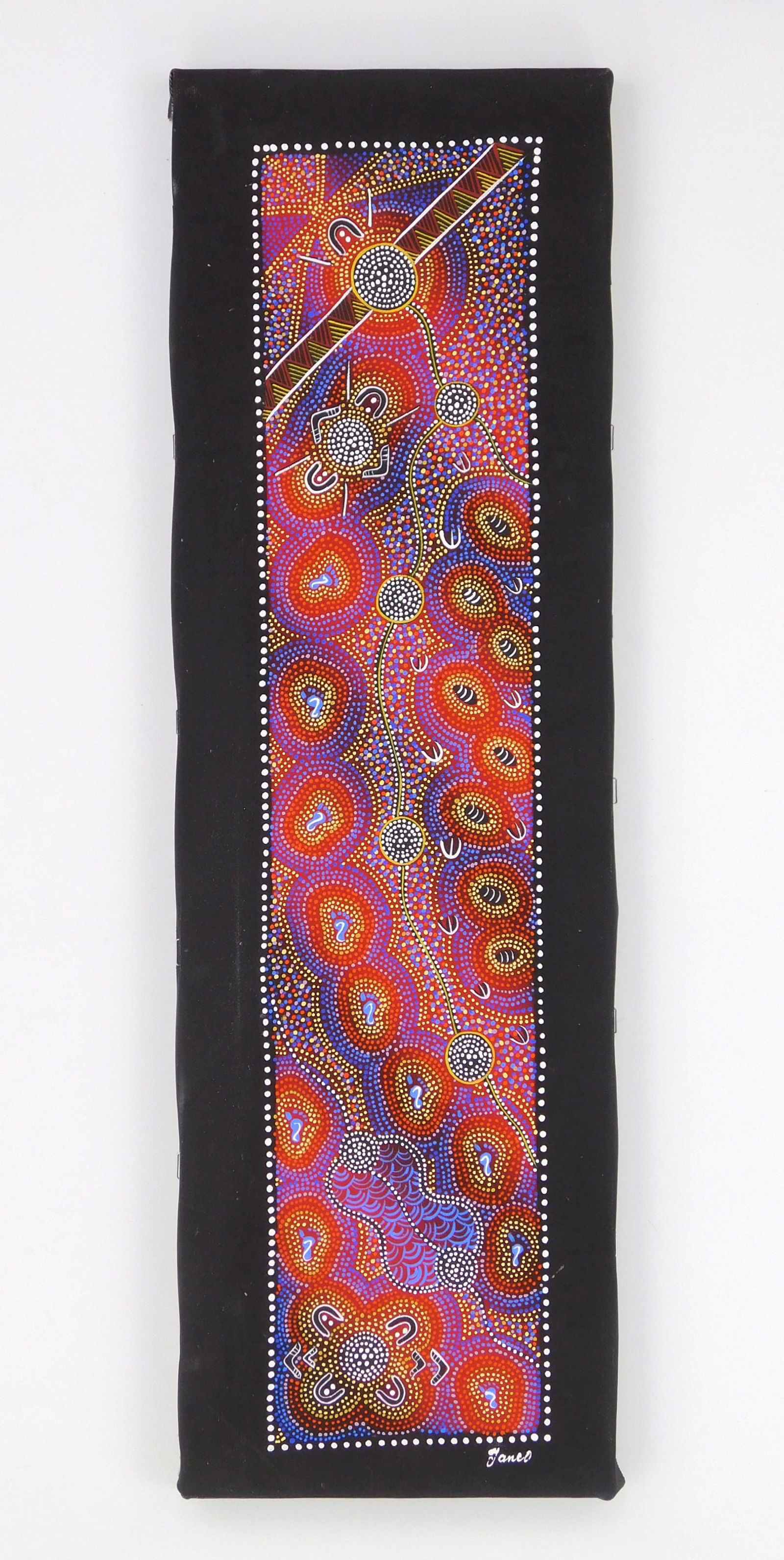 20th c. Aboriginal acrylic: Goanna Dreamingacrylic on canvas, signed Jana (?) lower right and on verso. 22 x 7"Provenance: Private collection- Kirtland, OH *** PLEASE READ: IMPORTANT NOTE About S&H ***S&H of this