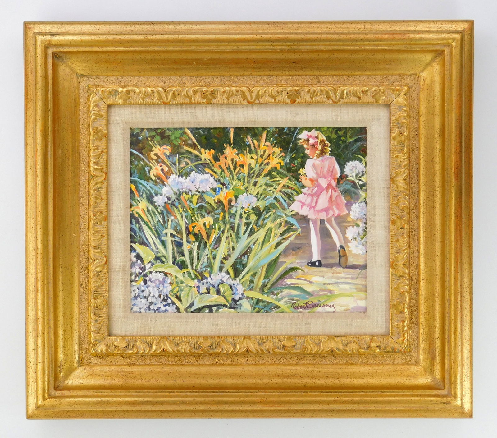 Robert Sarsony (American, 1938- ) oil: The Summer Dressoil on canvas, signed Robert Sarsony lower right, framed. 8 x 10"Provenance: Private collection- Fairlawn, OHWally Findlay Galleries- Chicago, IL *** PLEASE READ: