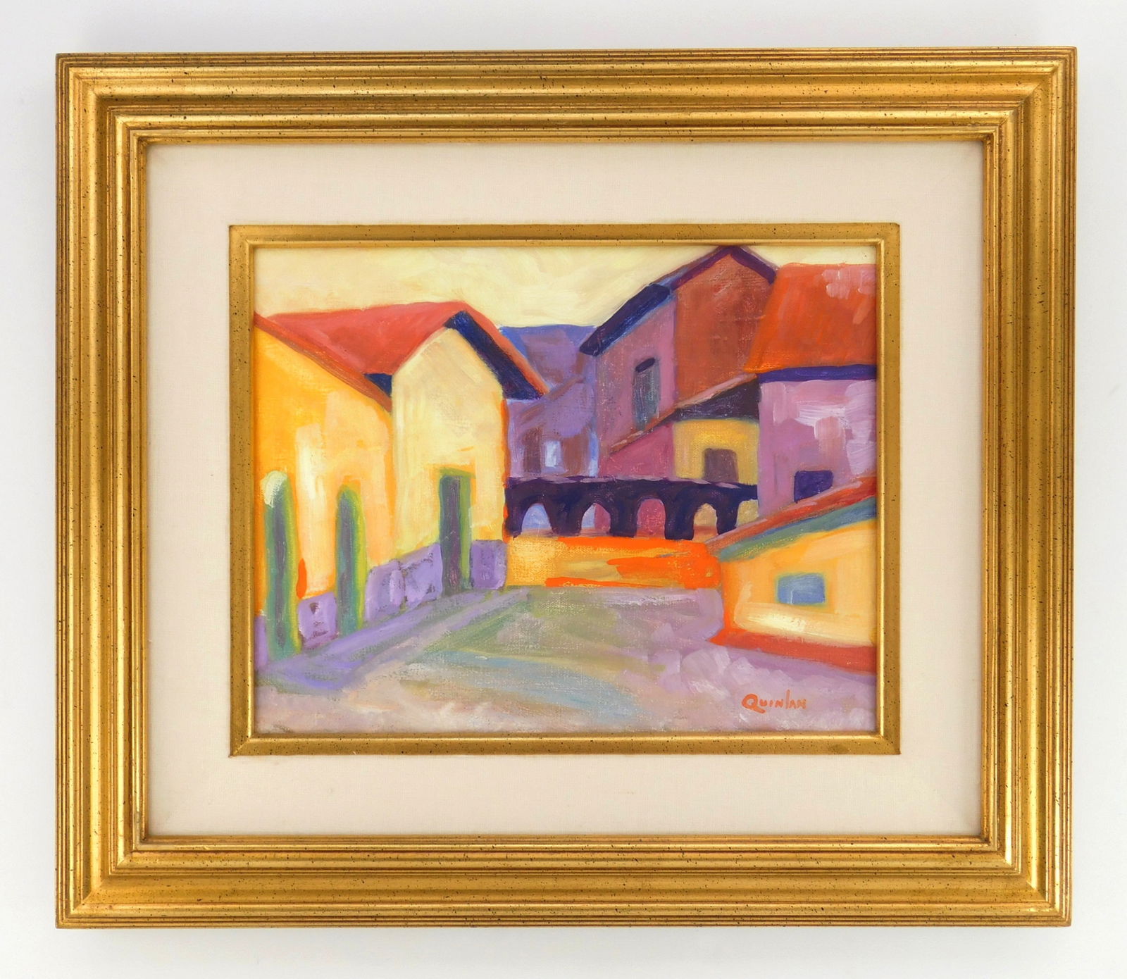 Sandra Brown Quinlan (American, 1934-2024) oil: Village Streetoil on canvas, signed Quinlan lower right, framed. 11 x 14"Provenance: Private collection- Oberlin, OH *** PLEASE READ: IMPORTANT NOTE About S&H ***S&H of this auction will