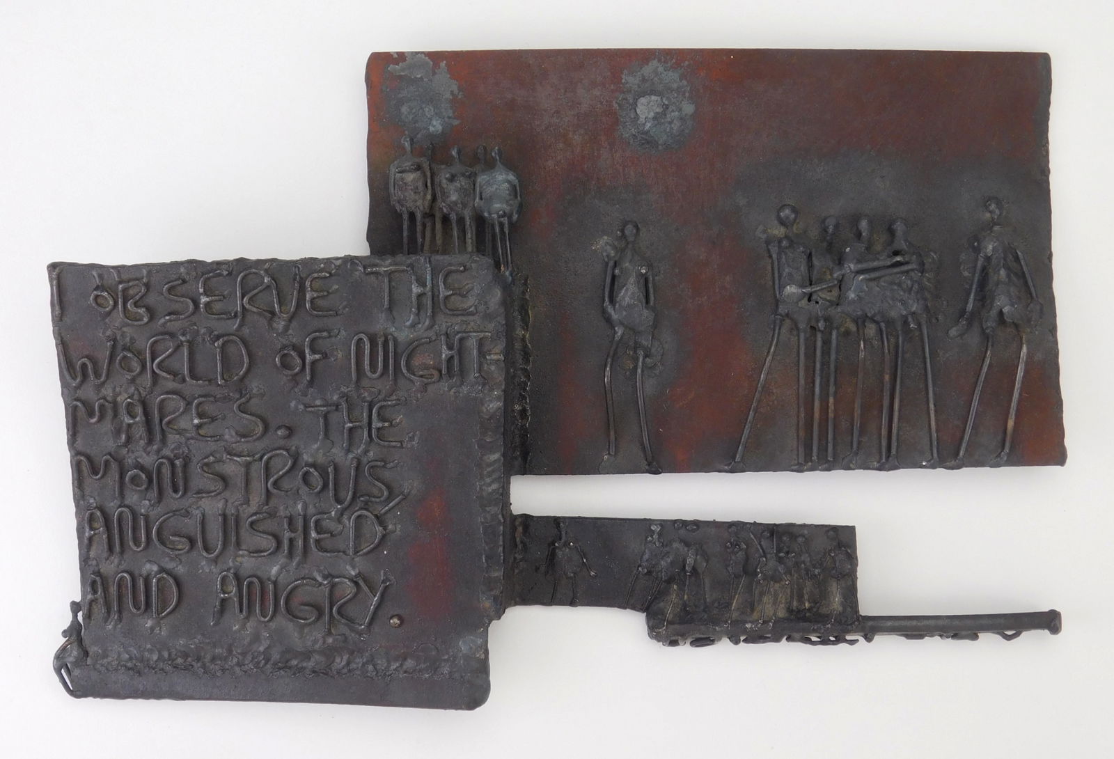 Agnese Udinotti (American 1940- ) metal sculpture: Serve the World of Night-Mares- The Monstrous, Anguished and Angry metal sculpture, signed Udinotti on bottom. 7 x 11 x 1 1/2'' Provenance: Private collection- Cleveland, OH