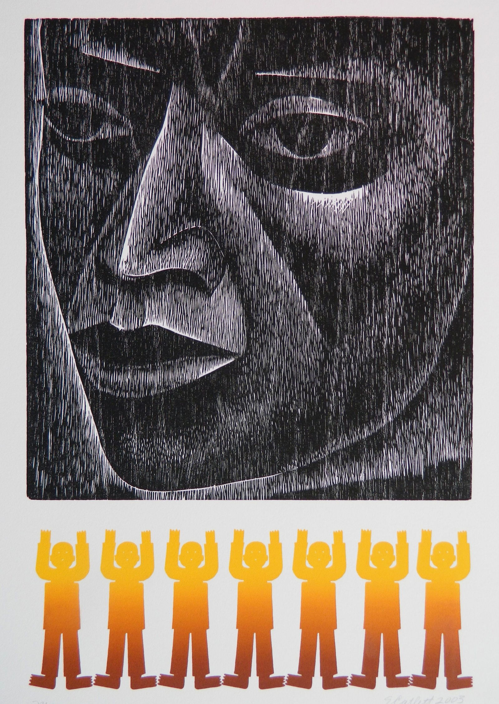 Elizabeth Catlett (American, 1915-2012) woodcut with linocut: Man woodcut and linocut in color, 1975, signed in pencil, printed in 2003 in an edition of 250, The Print Club of Cleveland publication no. 83 for 2005. 17 3/4 x 12