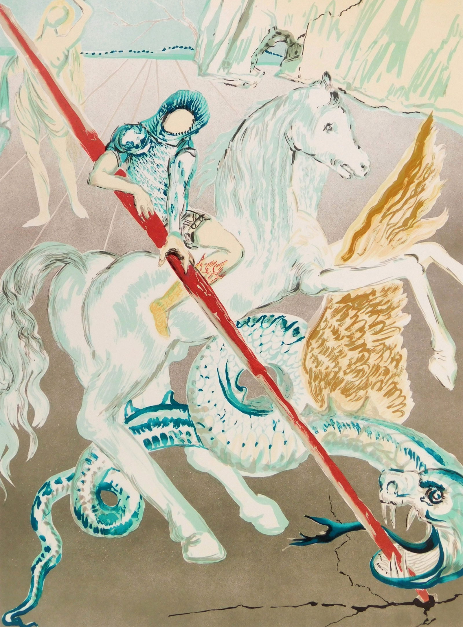 Salvador Dali (Spanish, 1904-1989) lithograph: The Lance of Chivalry lithograph in colors, 1978, signed and numbered 44/65 and annotated HC in pencil, includes embossed certificate of authenticity, from the suite . Retrospective. Th