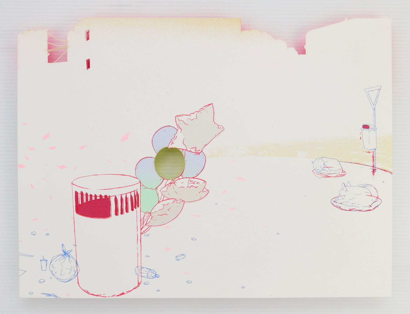 Amze Emmons (American, 1974- ): Levity silkscreen in colors with laser cut elements, 2018, signed, dated, titled and numbered 179/200 in pencil, The Print Club of New York 2018 publication. 15 x 20" Provenance: Priv