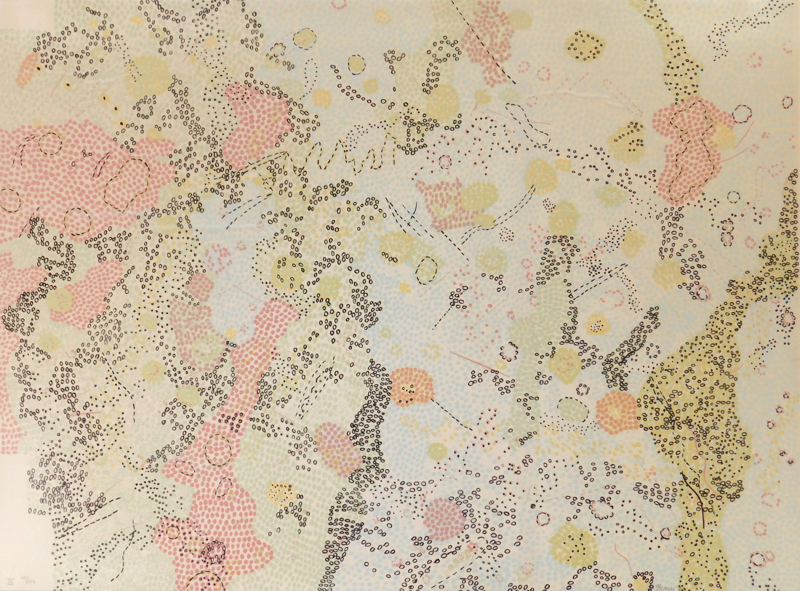 Nancy Graves (American, 1940-1995) lithograph: IX Sabine DM Region of the Moon lithograph and Mylar in colors on chine colle, 1972, signed and numbered 79/100 in pencil, workshop number NG72-314, from the series Lithographs Based on