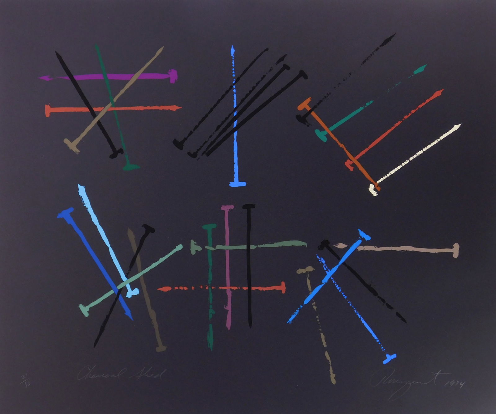 James Rosenquist (American, 1933-2017) silkscreen: Charcoal Shed silkscreen in colors, 1974, signed and numbered 21/80 (there was also 20 artist's proofs) in pencil, co-published by Multiples Inc. and Castelli Graphics, New York, with t