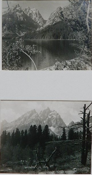 Harrison R. Crandall 2 photographs: Harrison R. Crandall- ''Jenny Lake and Tetons''; ''Nature's Rugged Handiwork''- 2 photographs, both blind stamped Crandall lower left in image, both stamped verso: 'Copyright by Crandall - Grand Teton