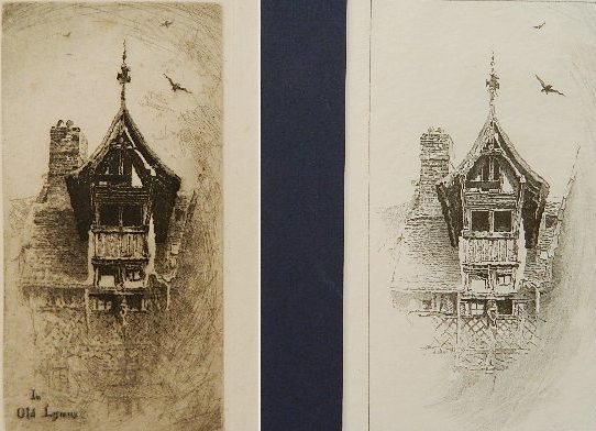 John Taylor Arms 2 prints: John Taylor Arms- ''In Old Liseaux'' (Fletcher 5) (Fletcher 441)- 1 etching, 1916, and 1 lithograph, 1921, both signed and dated in pencil, lithograph is also numbered 12/27 and signed in pencil by th