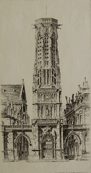 John Taylor Arms etching: John Taylor Arms- ''Saint Germain L'Auxerrois, Paris'' (Fletcher 215)- etching, 1928, signed and dated in pencil, edition of 362, French Church Series no. 24. 9 7/8 x 4 7/8''