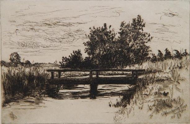 Otto Bacher etching: Otto Bacher- ''Schleissheim''- etching, 1879, signed in pencil, from the Daube set. 5 x 7 7/8''