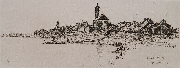 Otto Bacher etching: Otto Bacher- ''Schwabelweiss''- etching, 1879, Danube set no. 14, as published in American Art Review. 2 7/8 x 8''