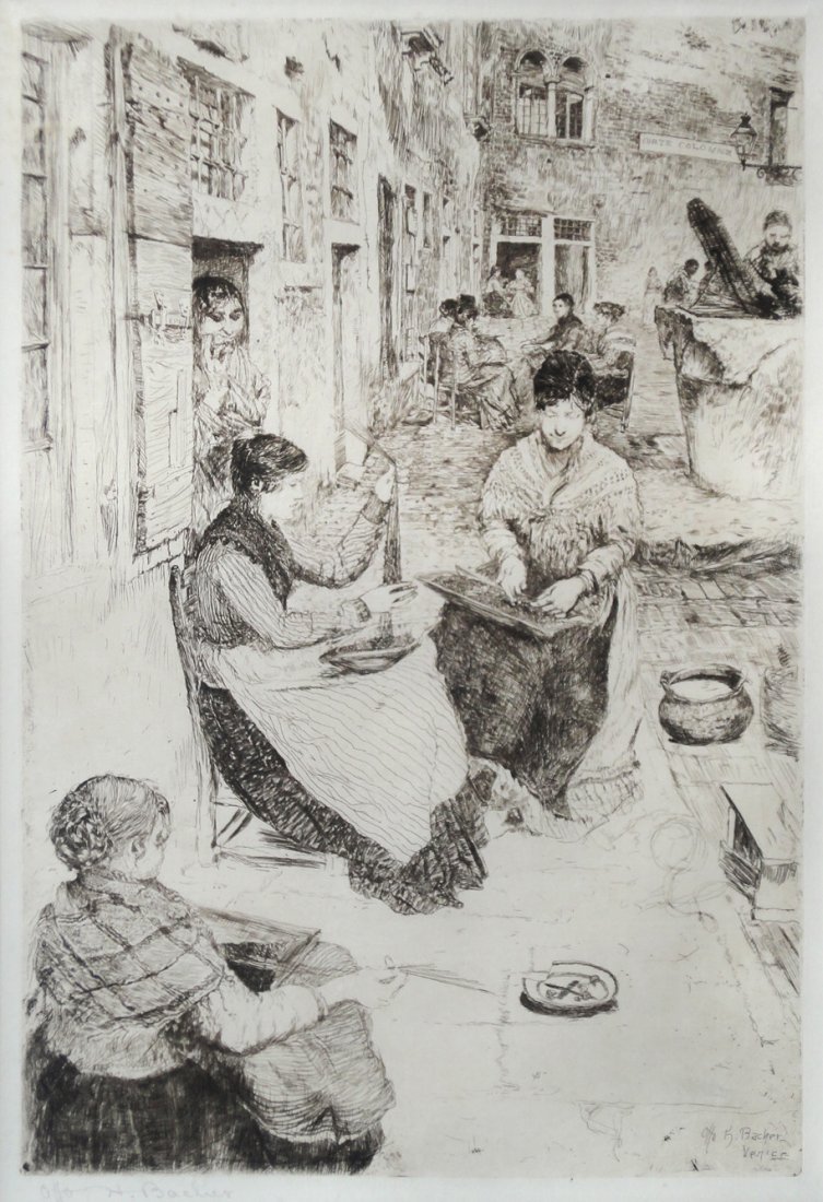 Otto Bacher etching: Otto Bacher- ''Perlaie (Bead Stringers)''- etching on cream laid Japanese paper, 1882, signed in pencil. 13 3/8 x 9''