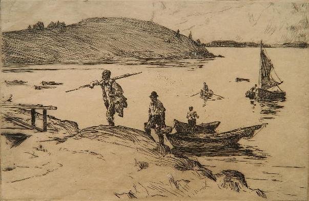 Frank W. Benson etching: Frank W. Benson- ''The Landing'' (Paff 70)- etching, 1915, signed and numbered 26/50 in pencil, light struck. 7 1/2 x 11 5/16''