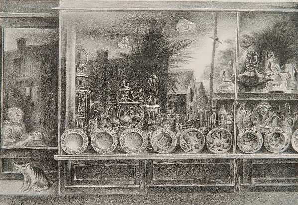 Aaron Bohrod lithograph: Aaron Bohrod- ''Reflections in A Shop Window'' (AAA/Czestochowski 1951.001)- lithograph, 1947, signed in pencil, edition of 250, tape residue at upper corners. 9 1/8 x 13 3/8''