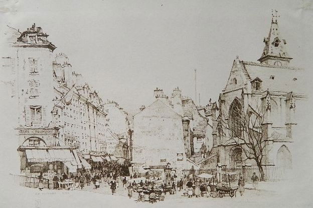 Samuel Chamberlain lithograph: Samuel Chamberlain- ''Rue Mouffetard'' (Chamberlain 25)- lithograph, 1925, signed and numbered 20/35 in pencil. 9 7/8 x 15 1/4''