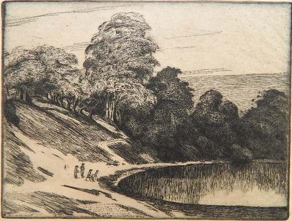 Paul Hammersmith etching: Paul Hammersmith- In Estabrook Park- etching, 1930, brown paper tape around all 4 edges. 5 1/4 x 7 1/8''