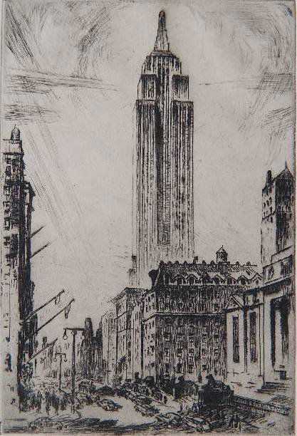 Ejnar Hansen etching: Ejnar Hansen- ''Empire State Building, NYC''- etching, signed and titled in pencil. 7 x 4 3/4''