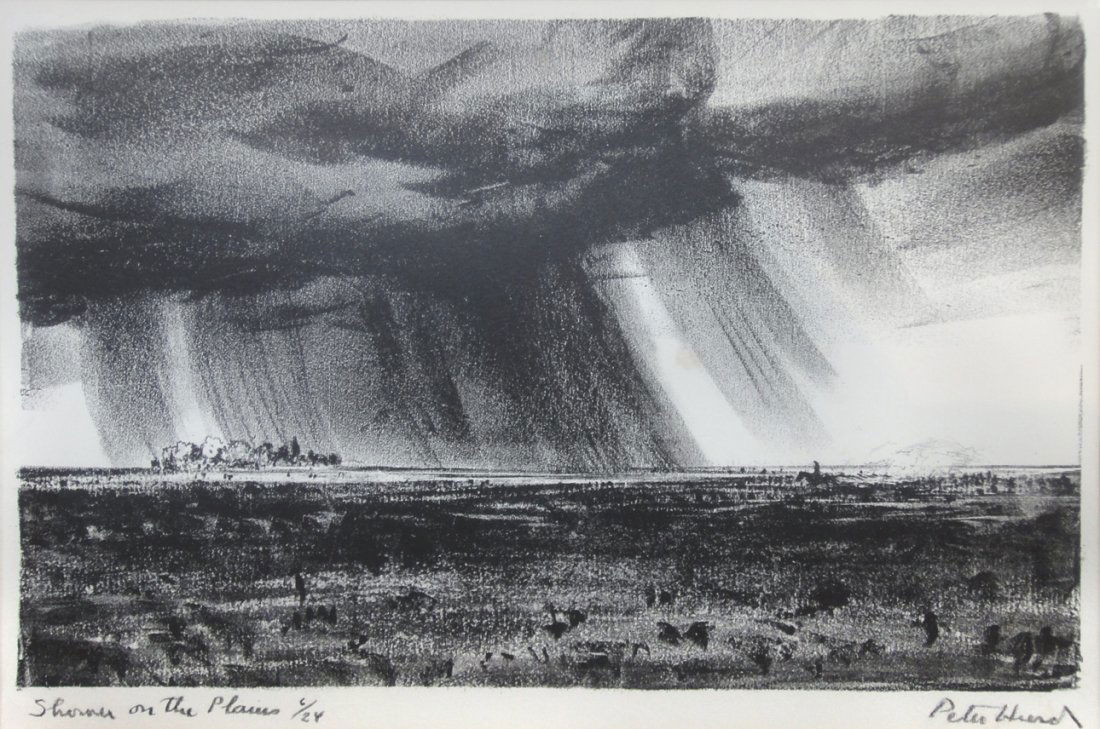 Peter Hurd lithograph: Peter Hurd- "Shower On The Plains" (Meigs XL)- lithograph, 1937, signed, titled and numbered 6/24 in pencil. 6 1/4 x 9 1/2''