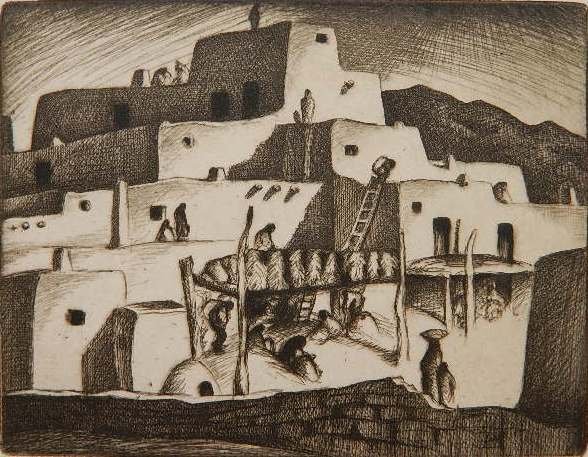 Gene Kloss drypoint and etching: Gene Kloss- ''Pueblo Harvest Time'' (Kloss 316)- drypoint and etching, 1933, signed and titled in pencil. 5 x 6 1/2''