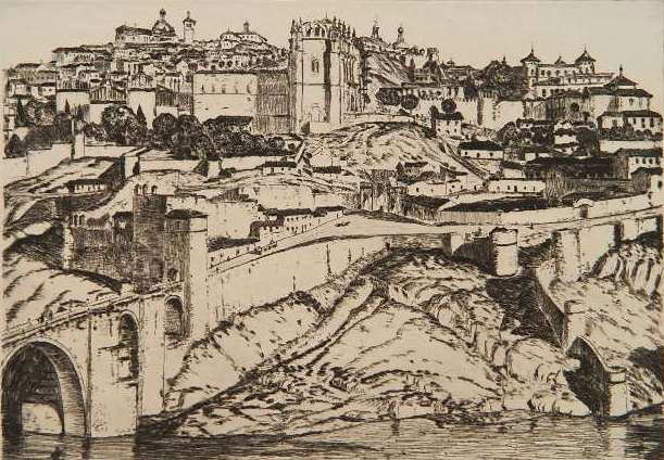 Max Kuehne drypoint: Max Kuehne- ''Toledo, Spain''- drypoint, signed in pencil, edition of 100, very good condition. 6 7/8 x 9 3/4''