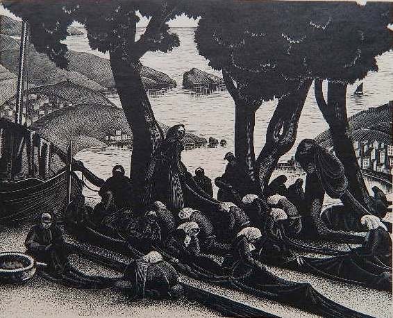 Clare Leighton wood engraving: Clare Leighton- ''Net Menders''- wood engraving, 1933, signed, titled and numbered 137/200 in pencil. 6 x 7 1/2''