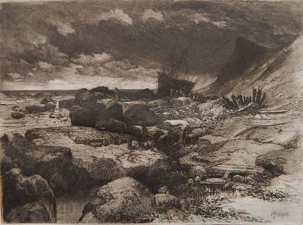 Thomas Moran etching: Thomas Moran- ''A Wreck Montauk'' (Klackner 49)- etching, 1886. 5 3/4 x 7 3/4''