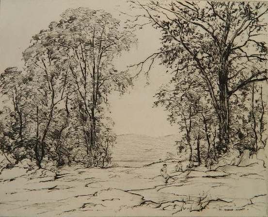 Robert H. Nisbet drypoint: Robert H. Nisbet- Idylle- drypoint, signed in pencil, tape hinge remnants and minor soiling and staining in margin, otherwise very good condition. 7 7/8 x 9 3/4''