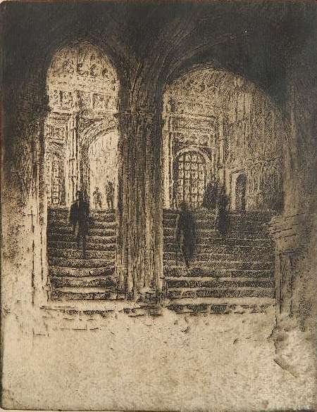 Joseph Pennell etching: Joseph Pennell- ''Byzantine Palace, Venice'' (Wuerth 75)- etching, 1883, signed in pencil, foxing throughout. 9 7/8 x 6 7/8''