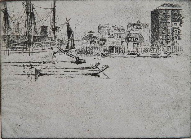 Joseph Pennell etching: Joseph Pennell- ''On The Thames'' (Wuerth 229)- etching, 1895, signed in pencil, edition of about 10, slightly light struck, some foxing. 7 3/4 x 11''