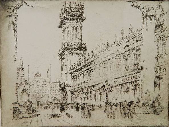Joseph Pennell etching: Joseph Pennell- ''Rebuilding The Campinilo, No.II, Venice'' (Wuerth 621)- etching, 1911, signed in pencil on tab, mounted to a support sheet. 9 3/8 x 12 3/8''