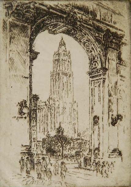 Joseph Pennell etching: Joseph Pennell- ''The Woolworth, Through The Arch'' (Wuerth 785)- etching, 1921, edition of about 200, remnants of black tape along bottom edge verso. 9 7/8 x 6 7/8''